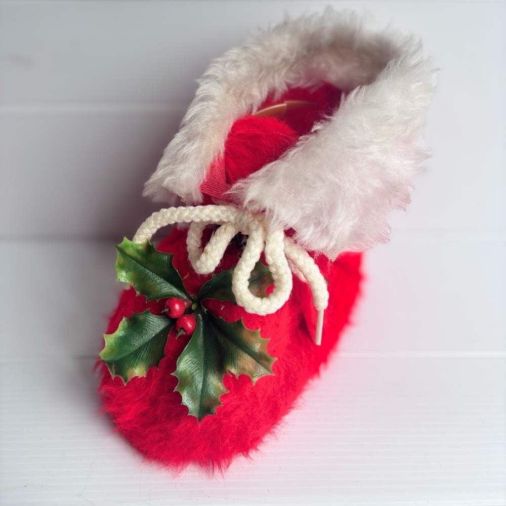 Vintage Santa Boot Christmas Decoration Red Fuzzy Faux Fur 7.5 inch